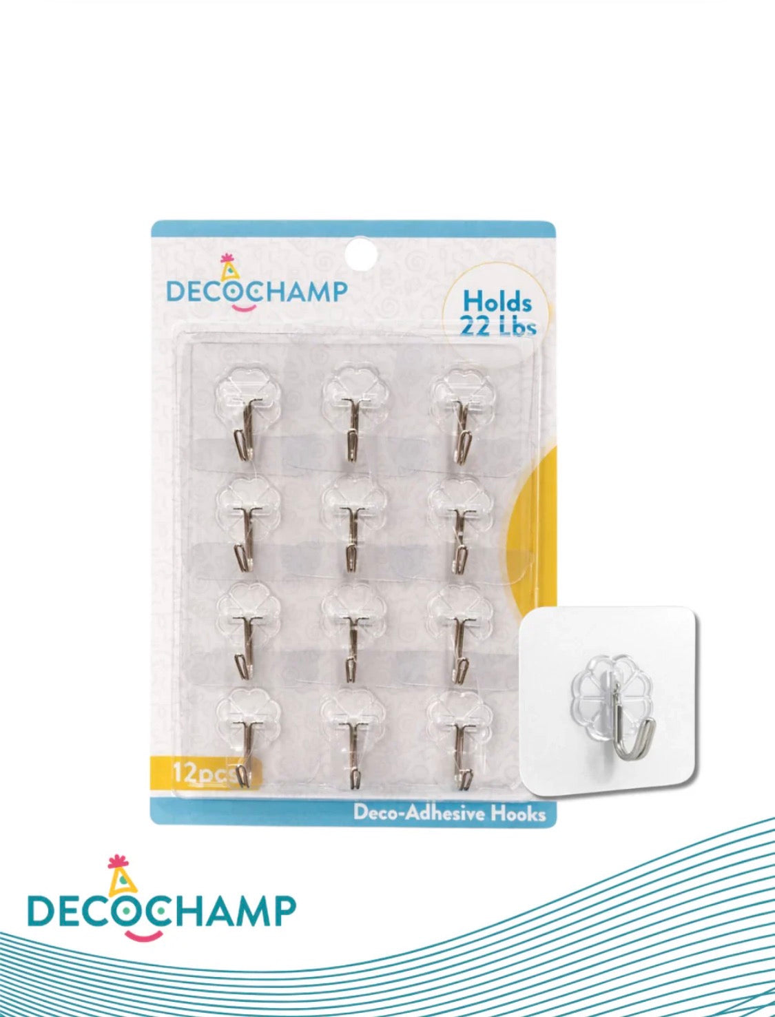 DecoChamp Deco-Adhesive Hooks D-H22 Holds Up to 22 lbs 12 Hooks Per Package Easy Peel-and-Stick Application Ideal for Balloon Garlands High-Demand Accessory (Final Sale/ No Returns)