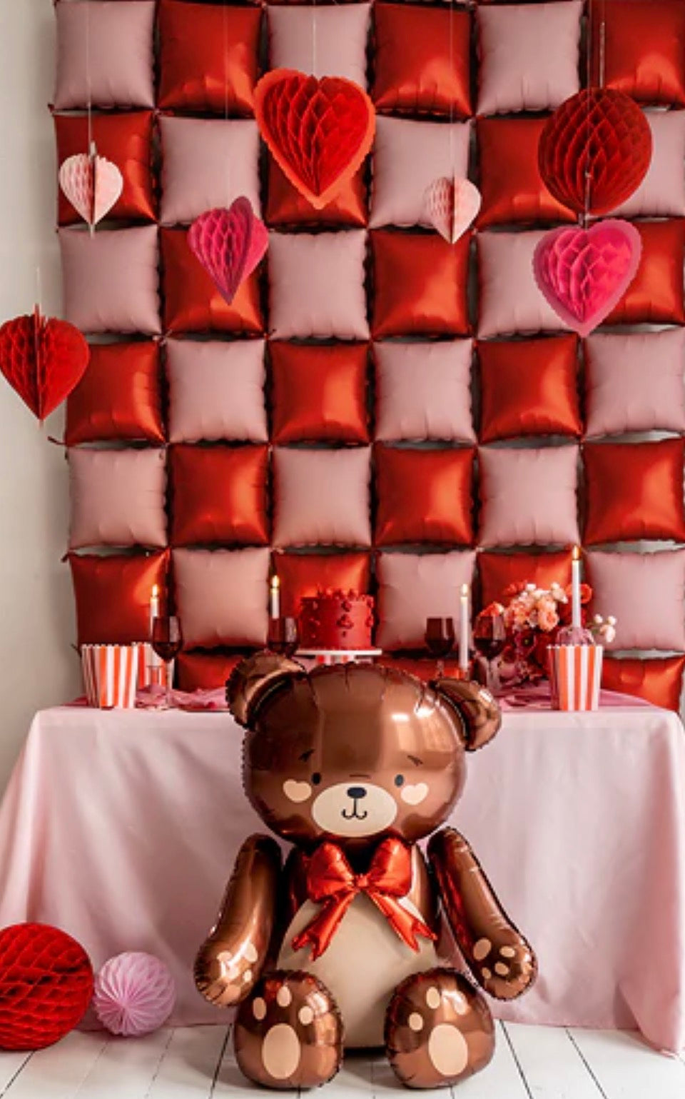 PartyDeco Standing Foil Balloon Teddy Bear with Red Bow Final Sale No Returns Perfect for Parties and Celebrations